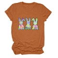 Detail of three colorful hand-drawn rabbit prints on caramel orange cotton T-shirt - Burnt Orange