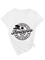 Dettaglio della T-shirt bianca con scollo a V, grafica a trifoglio e nodo decorativo sull'orlo - S / Bianco (Carattere Nero)