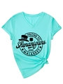Detail of teal V-neck t-shirt with shenanigans and malarkey graphic print - Deep Water Blue (Black Font)