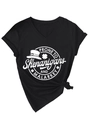 Detail of black V-neck t-shirt featuring St. Patrick's Day graphic and bottom hem knot - Black (White Font)