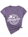 Detail of purple V-neck t-shirt featuring shenanigans print and front hem knot design - Purple (White Font)