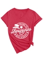 Detail of red V-neck T-shirt with St. Patrick's Day logo and stylish hem knot design - Red (White Font)