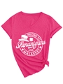 Detail of rose red V-neck T-shirt with Shenanigans print and stylish bottom knot design - Rose Red (White Font)