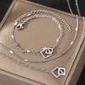 Silver stainless steel double-layered geometric necklace and bracelet jewelry set for women - Silver Interlocking Square Style (B9812)