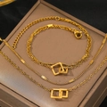 Double-layered gold stainless steel necklace and bracelet set with geometric square link - Gold Interlocking Square Style (B9811)