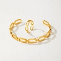 Gold-plated titanium steel open bangle and ring set with hollow chain-link design - Gold (C6055)