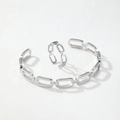 Polished silver titanium steel jewelry set with hollow oval link open bracelet and ring - Silver (C6056)