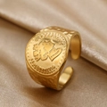 Close-up of vintage gold coin ring with queen relief and textured adjustable band - Vintage Coin Portrait Style (N6701)