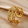 Adjustable golden stainless steel open ring with layered floral hollow pattern - Multi-layer Floral Hollow Style (N6439)