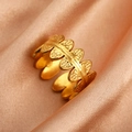 Vintage gold plated stainless steel leaf ring with textured granular finish details - Gold Leaf Grain Relief (N6283)