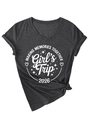 Detail of dark charcoal V-neck t-shirt with front knot hem and Girl's Trip 2026 print - S / Dark Heather Grey (White Print)