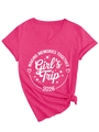 Detail of rose red V-neck T-shirt featuring Girl's Trip 2026 print and side knot design - S / Rose Red (White Print)