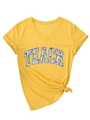 Detail von gelbem V-Ausschnitt T-Shirt mit TEACH Blumendruck und Knotensaum Design - S / Gelb