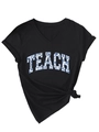 Dettaglio maglietta nera scollo a V con stampa floreale TEACH e nodo laterale chic - Taglia S / Nero