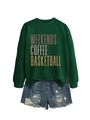 Detail of green crewneck sweatshirt with Weekends Coffee print and distressed denim shorts - Dark Green