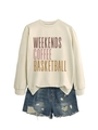 Flat lay detail of cream sweatshirt with coffee print and distressed denim shorts - Sand