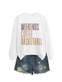 Detail of white crewneck sweatshirt with brown Weekends Coffee Basketball print and denim shorts - White