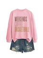 Flat lay of pink sweatshirt with WEEKENDS COFFEE text and distressed denim shorts - Pink