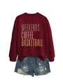 Flat lay of burgundy crewneck sweatshirt with coffee print and ripped denim shorts - Burgundy