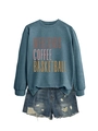 Detail of gray-blue sweatshirt with colorful text print and ripped denim shorts edges - Blue