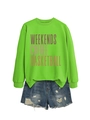 Close-up of bright green Weekends Coffee sweatshirt with distressed denim shorts detail - Fluorescent Green