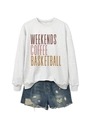 Detail of grey sweatshirt with Weekends Coffee Basketball print and denim shorts - Off-White