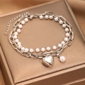 Double-layer punk heart pendant necklace with pearls and silver chain links - Silver Style (C1786)