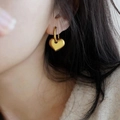 Vintage gold plated heart drop earrings on model showcasing elegant retro aesthetic style - Gold Heart Dangle Style (C6937)