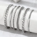 Exquisites 6er-Set silberne Edelstahlarmbänder mit verschiedenen Kettenstrukturen - Silberfarbenes 6-teiliges Armband-Set (C3062)