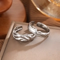Minimalist silver wavy textured titanium steel open rings set on a premium jewelry box - Silver Molten Texture Open Ring Set (C4320)