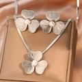 Elegant stainless steel necklace and earring set with floral motifs and pearls - Silver Flower Necklace Earrings Set (C9480) / Silver