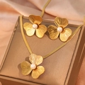 Golden flower jewelry set with pearl necklace and stud earrings on silk background - Gold Flower Necklace Earrings Set (C9479) / Gold