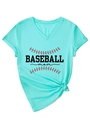 Dettaglio della t-shirt turchese baseball mom con scollo a V e nodo laterale trendy - S / Stampa Nera (3812) / Blu Acqua Profonda