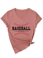 Detail of V-neck T-shirt with Baseball Mom print and stylish front knot hem design - S / Black Print (3812) / Rose Gold