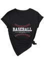 Detail of V-neckline and Baseball Mom print with side knot on black cotton t-shirt - S / White Print (3812) / Black