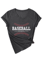 Detailed view of women's grey V-neck T-shirt with Baseball Mom print and side knot - S / White Print (3812) / Black Heather Grey