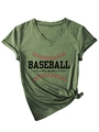Close-up of military green V-neck T-shirt with black BASEBALL mom print and red stitching - S / Black Print (3812) / Olive Green