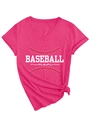 Detail of hot pink V-neck T-shirt with BASEBALL mom print and stylish side knot hem - S / White Print (3812) / Rose Red