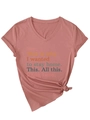 Detail of V-neck dusty pink t-shirt with text print and stylish side knot design - S / Rose Gold