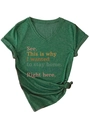 Detail of green V-neck T-shirt with gray heather texture and knotted hem accent - S / Vintage Green