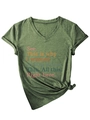 Detail of V-neck green T-shirt with 'See This is why I wanted to stay home' text print - S / Olive Green