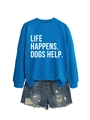 Flat lay detail of blue crewneck sweatshirt with Life Happens Dogs Help print and ripped shorts - Lake Blue (White Font)