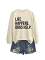 Flat lay of cream crewneck sweatshirt with dog slogan and distressed blue denim shorts - Sand (Black Font)