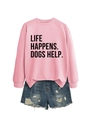 Pink slogan sweatshirt with blue ripped denim shorts laid flat on white background - Pink (Black Font)
