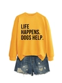 Close-up of yellow dog lover sweatshirt with Life Happens slogan and ripped denim shorts - Yellow (Black Font)