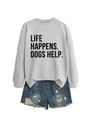 Detail of Life Happens Dogs Help gray sweatshirt with ribbed cuffs and blue denim shorts - Grey (Black Font)