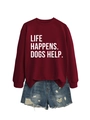 Detail of burgundy crewneck sweatshirt with Life Happens Dogs Help print and denim shorts - Wine Red (White Font)
