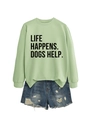 Detail of light green sweatshirt with Life Happens Dogs Help text and ripped denim shorts - Olive Green (Black Font)