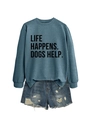 Detail of blue crewneck sweatshirt featuring Life Happens Dogs Help text print design - Blue (Black Font)