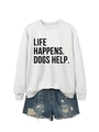 Detail of grey sweatshirt with Life Happens Dogs Help slogan and distressed denim shorts - Off-White (Black Font)